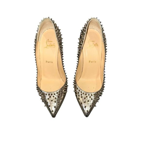 Christian Louboutin Escarpic Gold Spiked Studded Pumps Heels Red Bottoms 37.5 - Picture 2 of 8